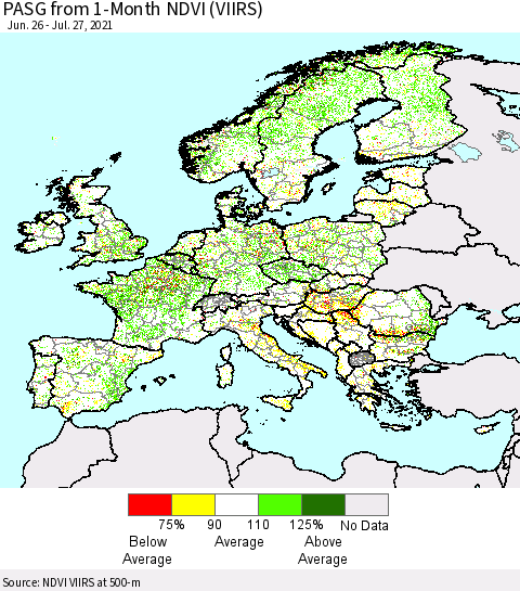 Europe PASG from 1-Month NDVI (VIIRS) Thematic Map For 7/20/2021 - 7/27/2021