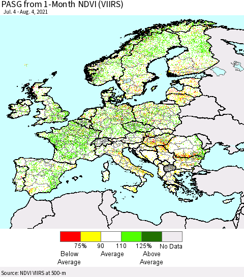 Europe PASG from 1-Month NDVI (VIIRS) Thematic Map For 7/28/2021 - 8/4/2021