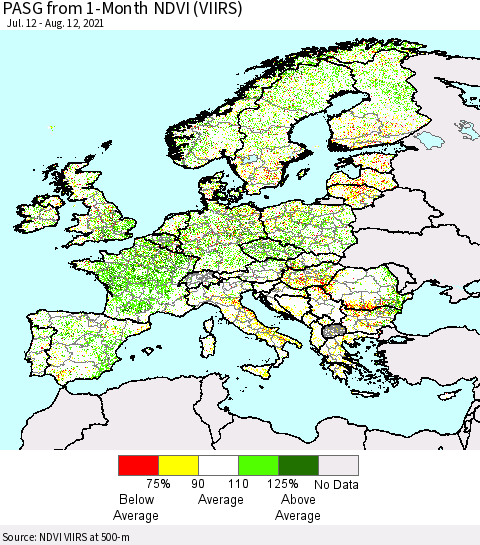 Europe PASG from 1-Month NDVI (VIIRS) Thematic Map For 8/5/2021 - 8/12/2021
