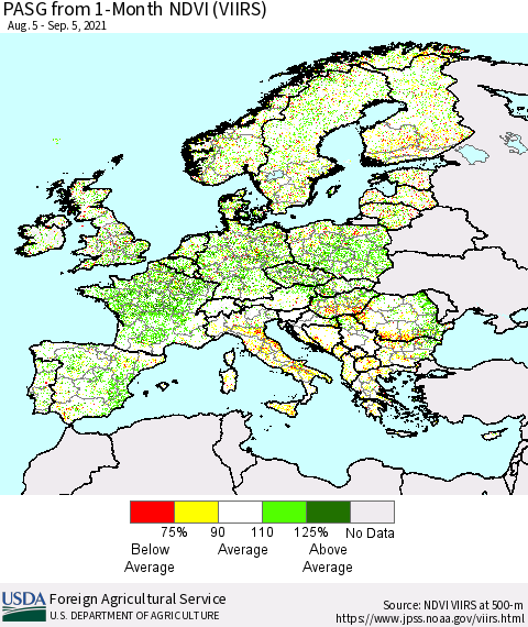 Europe PASG from 1-Month NDVI (VIIRS) Thematic Map For 9/1/2021 - 9/10/2021