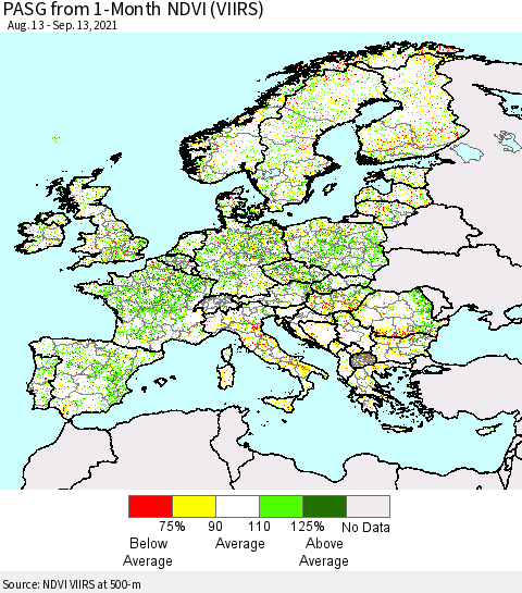 Europe PASG from 1-Month NDVI (VIIRS) Thematic Map For 9/6/2021 - 9/13/2021