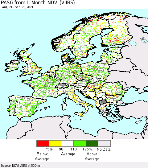 Europe PASG from 1-Month NDVI (VIIRS) Thematic Map For 9/14/2021 - 9/21/2021