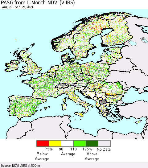 Europe PASG from 1-Month NDVI (VIIRS) Thematic Map For 9/22/2021 - 9/29/2021