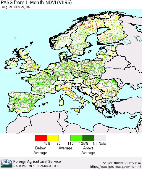 Europe PASG from 1-Month NDVI (VIIRS) Thematic Map For 9/21/2021 - 9/30/2021