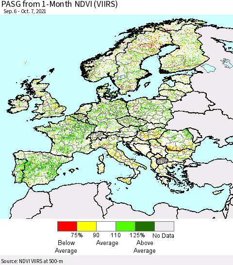 Europe PASG from 1-Month NDVI (VIIRS) Thematic Map For 9/30/2021 - 10/7/2021