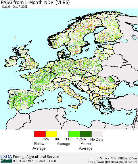 Europe PASG from 1-Month NDVI (VIIRS) Thematic Map For 10/1/2021 - 10/10/2021