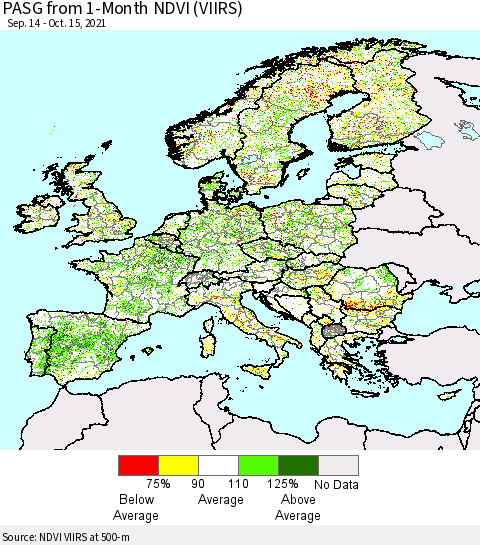 Europe PASG from 1-Month NDVI (VIIRS) Thematic Map For 10/8/2021 - 10/15/2021