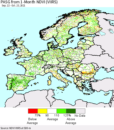 Europe PASG from 1-Month NDVI (VIIRS) Thematic Map For 10/16/2021 - 10/23/2021