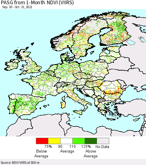Europe PASG from 1-Month NDVI (VIIRS) Thematic Map For 10/21/2021 - 10/31/2021