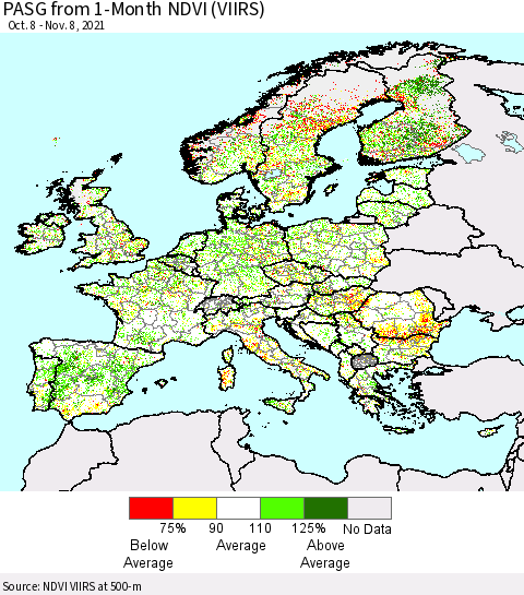 Europe PASG from 1-Month NDVI (VIIRS) Thematic Map For 11/1/2021 - 11/8/2021