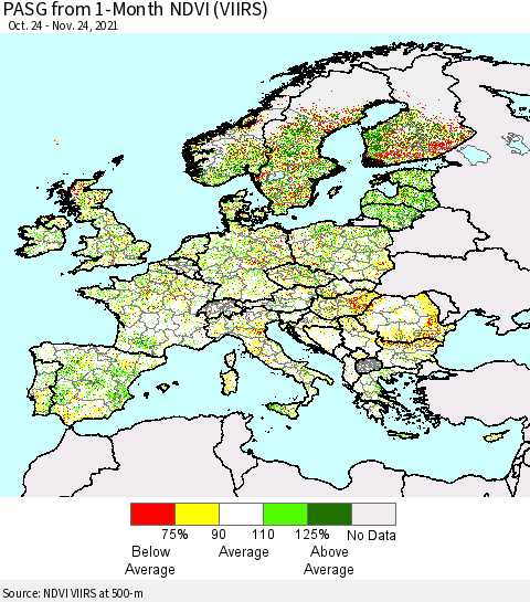 Europe PASG from 1-Month NDVI (VIIRS) Thematic Map For 11/17/2021 - 11/24/2021