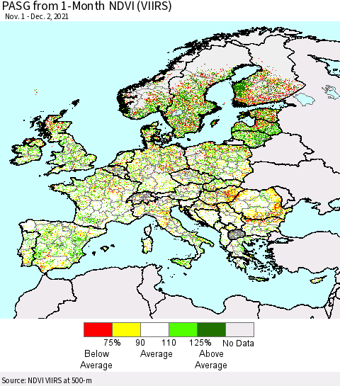 Europe PASG from 1-Month NDVI (VIIRS) Thematic Map For 11/25/2021 - 12/2/2021