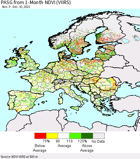 Europe PASG from 1-Month NDVI (VIIRS) Thematic Map For 12/3/2021 - 12/10/2021