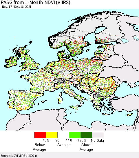 Europe PASG from 1-Month NDVI (VIIRS) Thematic Map For 12/11/2021 - 12/18/2021