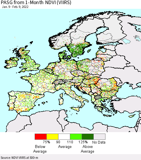 Europe PASG from 1-Month NDVI (VIIRS) Thematic Map For 2/2/2022 - 2/9/2022
