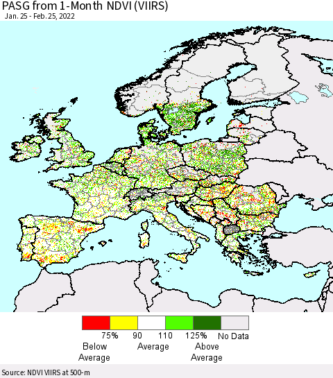 Europe PASG from 1-Month NDVI (VIIRS) Thematic Map For 2/18/2022 - 2/25/2022