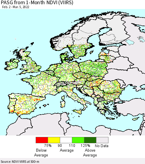 Europe PASG from 1-Month NDVI (VIIRS) Thematic Map For 2/26/2022 - 3/5/2022
