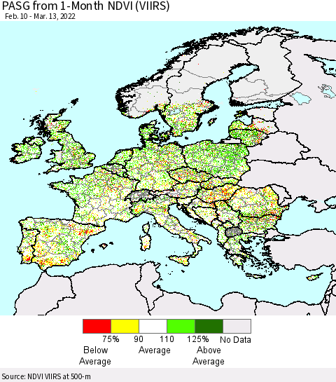 Europe PASG from 1-Month NDVI (VIIRS) Thematic Map For 3/6/2022 - 3/13/2022