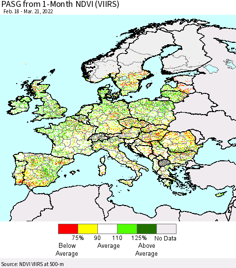 Europe PASG from 1-Month NDVI (VIIRS) Thematic Map For 3/14/2022 - 3/21/2022
