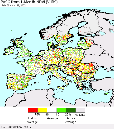 Europe PASG from 1-Month NDVI (VIIRS) Thematic Map For 3/22/2022 - 3/29/2022