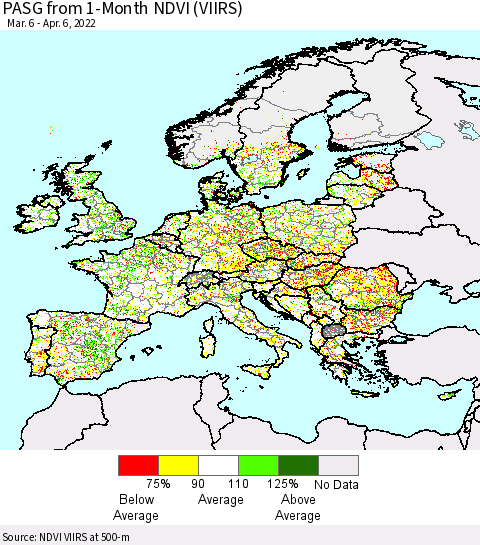 Europe PASG from 1-Month NDVI (VIIRS) Thematic Map For 3/30/2022 - 4/6/2022