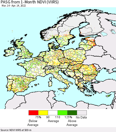 Europe PASG from 1-Month NDVI (VIIRS) Thematic Map For 4/7/2022 - 4/14/2022