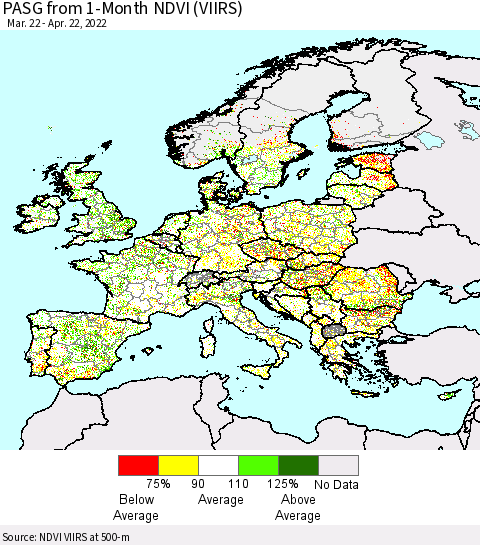 Europe PASG from 1-Month NDVI (VIIRS) Thematic Map For 4/15/2022 - 4/22/2022