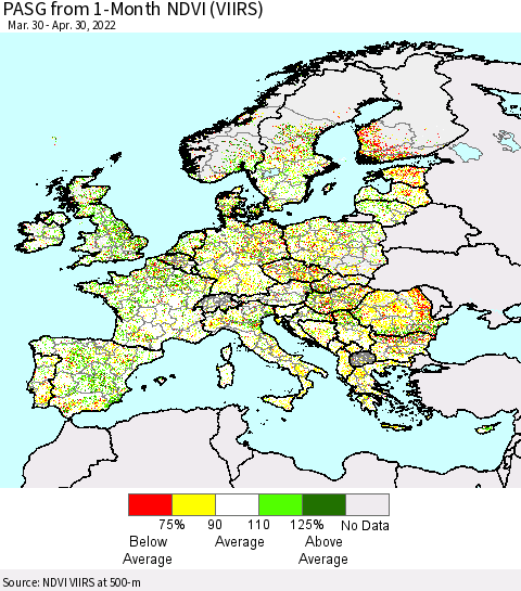 Europe PASG from 1-Month NDVI (VIIRS) Thematic Map For 4/23/2022 - 4/30/2022