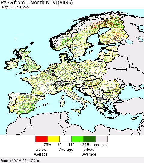Europe PASG from 1-Month NDVI (VIIRS) Thematic Map For 5/25/2022 - 6/1/2022