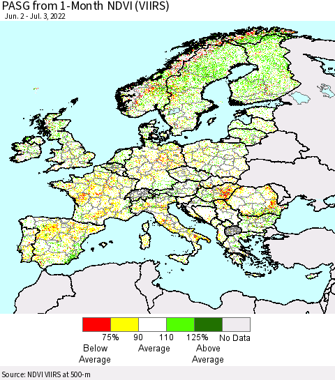Europe PASG from 1-Month NDVI (VIIRS) Thematic Map For 6/26/2022 - 7/3/2022