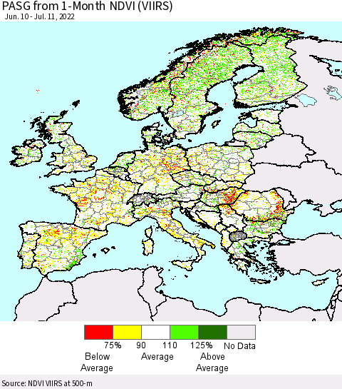 Europe PASG from 1-Month NDVI (VIIRS) Thematic Map For 7/4/2022 - 7/11/2022