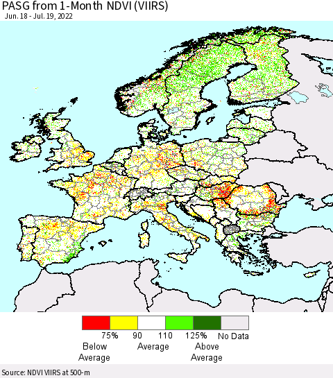 Europe PASG from 1-Month NDVI (VIIRS) Thematic Map For 7/12/2022 - 7/19/2022