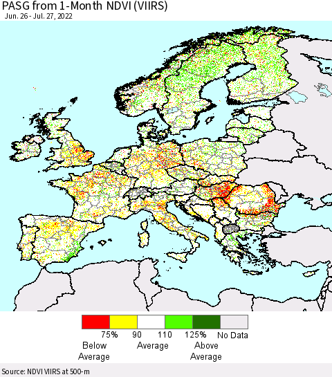 Europe PASG from 1-Month NDVI (VIIRS) Thematic Map For 7/20/2022 - 7/27/2022