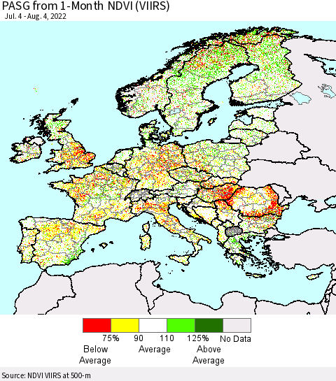 Europe PASG from 1-Month NDVI (VIIRS) Thematic Map For 7/28/2022 - 8/4/2022