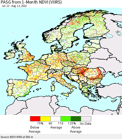 Europe PASG from 1-Month NDVI (VIIRS) Thematic Map For 8/5/2022 - 8/12/2022