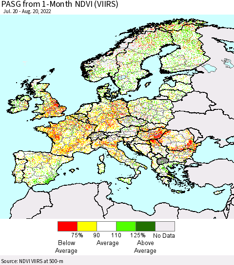 Europe PASG from 1-Month NDVI (VIIRS) Thematic Map For 8/13/2022 - 8/20/2022