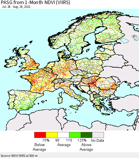 Europe PASG from 1-Month NDVI (VIIRS) Thematic Map For 8/21/2022 - 8/28/2022