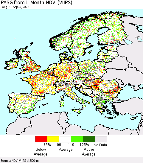 Europe PASG from 1-Month NDVI (VIIRS) Thematic Map For 8/29/2022 - 9/5/2022