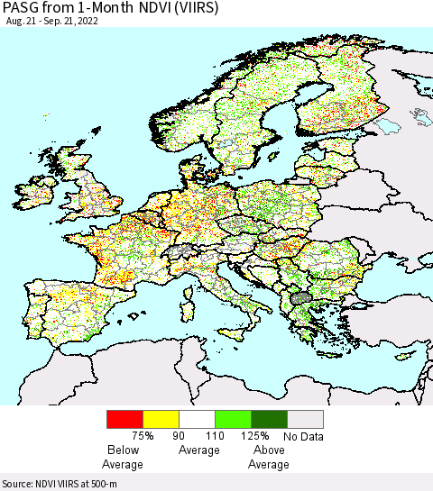 Europe PASG from 1-Month NDVI (VIIRS) Thematic Map For 9/14/2022 - 9/21/2022