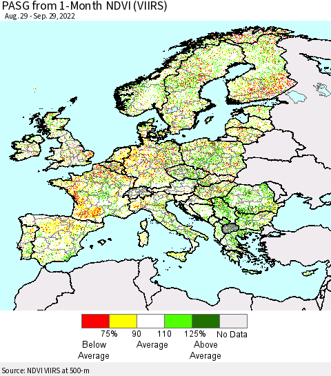 Europe PASG from 1-Month NDVI (VIIRS) Thematic Map For 9/22/2022 - 9/29/2022