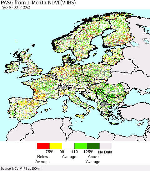 Europe PASG from 1-Month NDVI (VIIRS) Thematic Map For 9/30/2022 - 10/7/2022