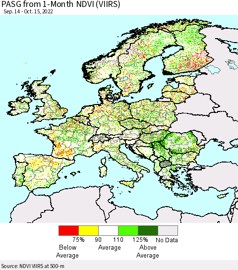 Europe PASG from 1-Month NDVI (VIIRS) Thematic Map For 10/8/2022 - 10/15/2022