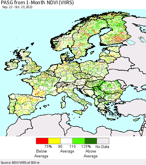 Europe PASG from 1-Month NDVI (VIIRS) Thematic Map For 10/16/2022 - 10/23/2022