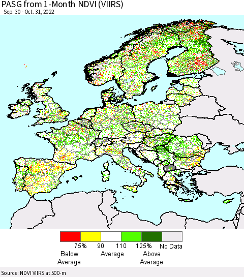 Europe PASG from 1-Month NDVI (VIIRS) Thematic Map For 10/24/2022 - 10/31/2022