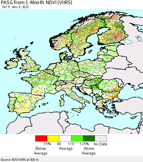 Europe PASG from 1-Month NDVI (VIIRS) Thematic Map For 11/1/2022 - 11/8/2022
