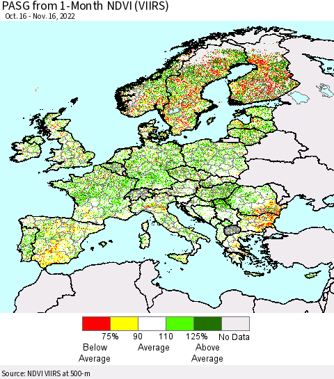 Europe PASG from 1-Month NDVI (VIIRS) Thematic Map For 11/9/2022 - 11/16/2022