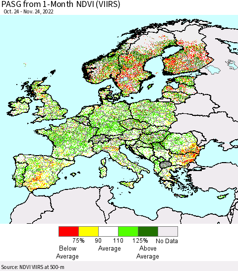 Europe PASG from 1-Month NDVI (VIIRS) Thematic Map For 11/17/2022 - 11/24/2022
