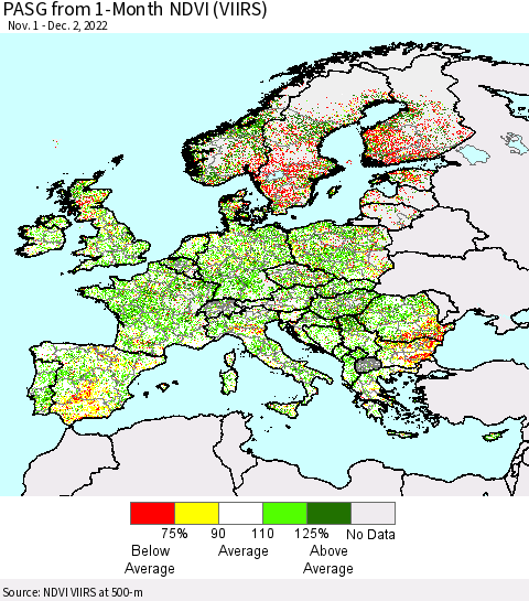 Europe PASG from 1-Month NDVI (VIIRS) Thematic Map For 11/25/2022 - 12/2/2022