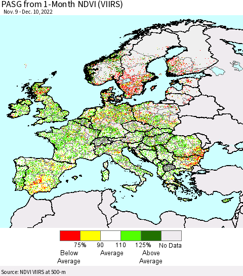 Europe PASG from 1-Month NDVI (VIIRS) Thematic Map For 12/3/2022 - 12/10/2022