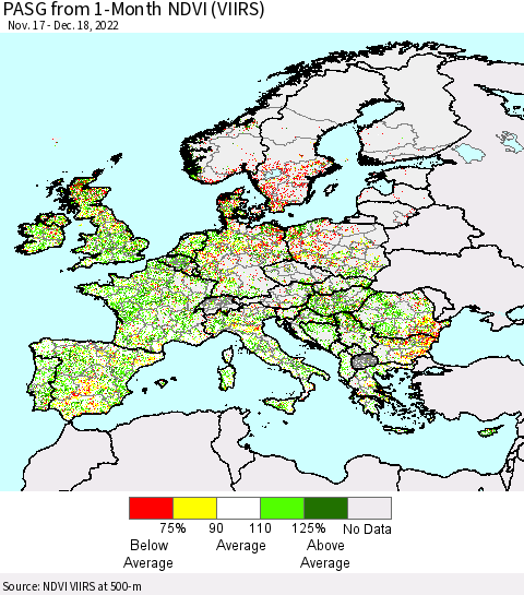 Europe PASG from 1-Month NDVI (VIIRS) Thematic Map For 12/11/2022 - 12/18/2022